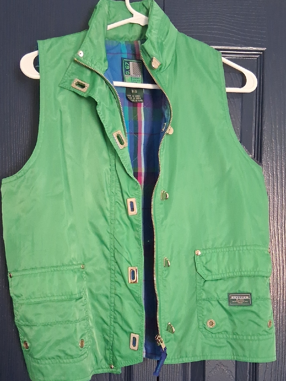 Ralph Lauren Green Quilted Jacket with Blue Plaid Lining